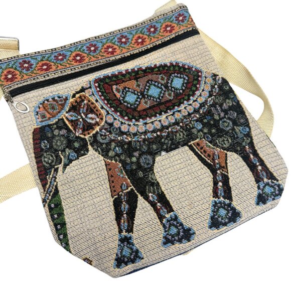 Boho Canvas Crossbody Bag | Embroidered Elephant Pattern | Bohemian Style - Picture 6 of 8